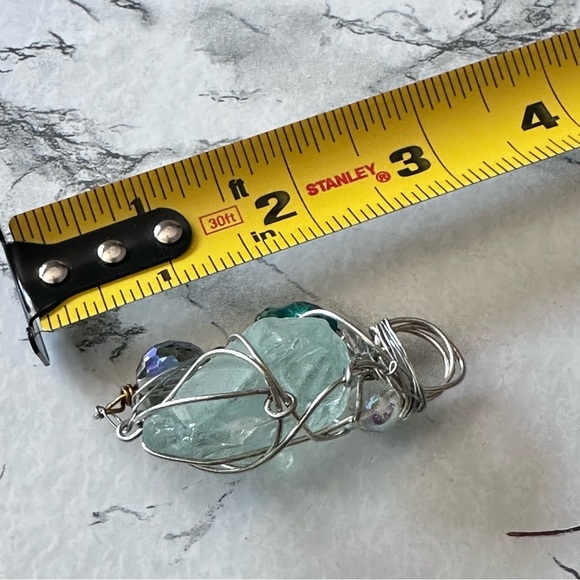 Blue Sea Beach Glass Pendant Beaded Accent Artisan Silver Wire-Wrapped Necklace - Picture 5 of 11